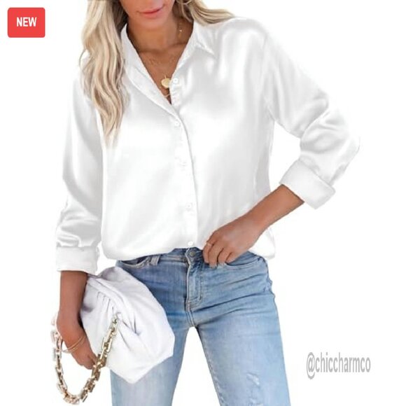 Satin Button Down Blouse Long Sleeve Office Work Business Top - Picture 2 of 5